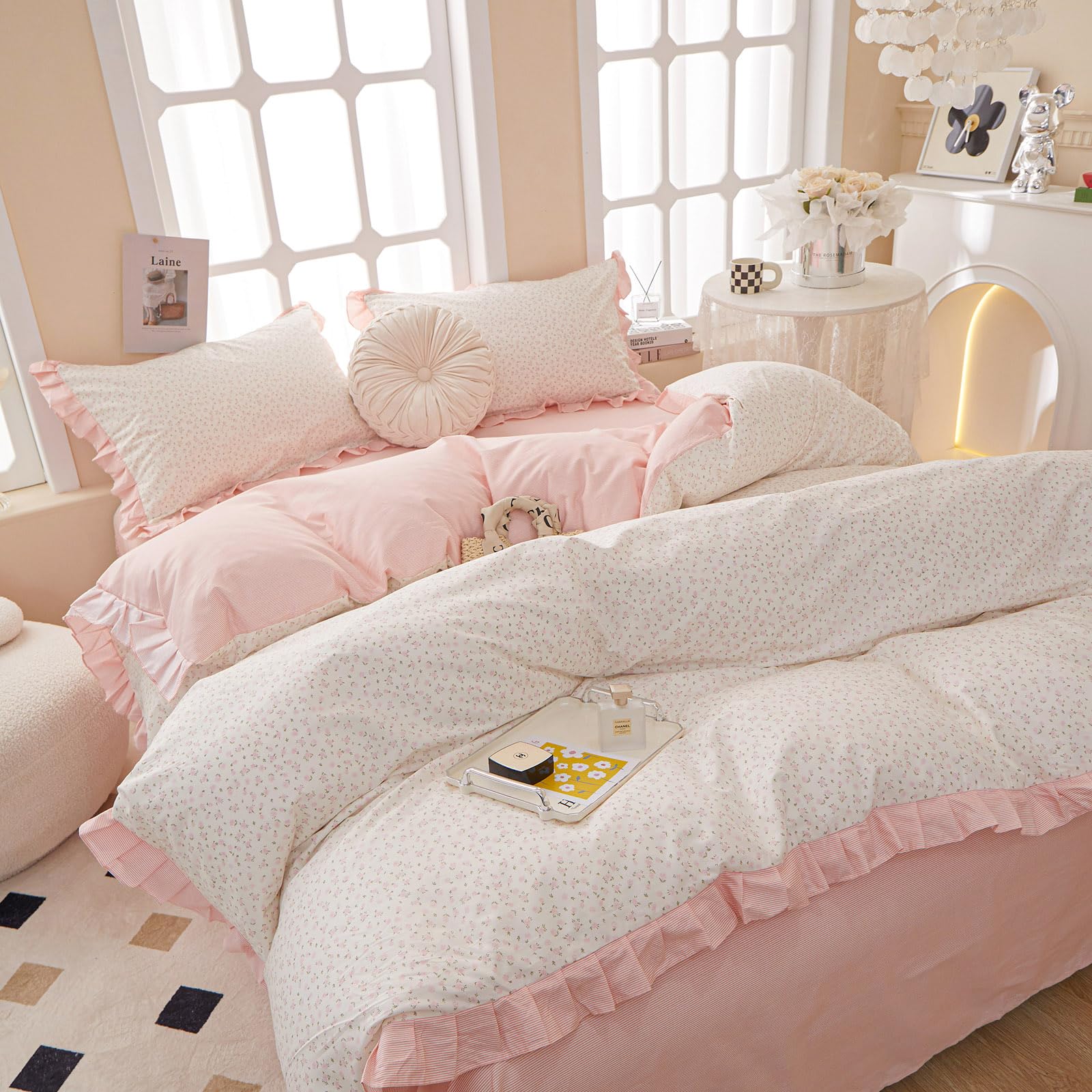 Amztop Romantic Pink Floral With Ruffle 100% Cotton Duvet Cover Queen Size Set, 3Pcs Teen Girls Flower Comforter Cover With Zipp